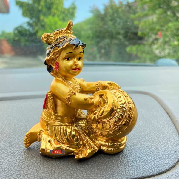 Gold Plated Baby Krishna Idol Statue murti Sculpture Lord Krishna Makhan Chor Idol for car Dashboard/Home Decor and Pooja & Gift