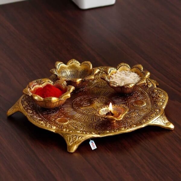 Metal Pooja Thali Set with Diya Embossed Swastik Pooja Thali